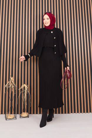 Düğmeli Pelerin & Triko Elbise Tesettür İkili Takım Siyah - Thumbnail