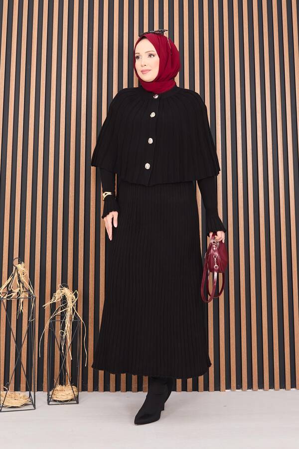 RAF - Düğmeli Pelerin & Triko Elbise Tesettür İkili Takım Siyah