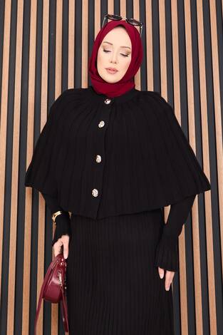 Düğmeli Pelerin & Triko Elbise Tesettür İkili Takım Siyah - Thumbnail