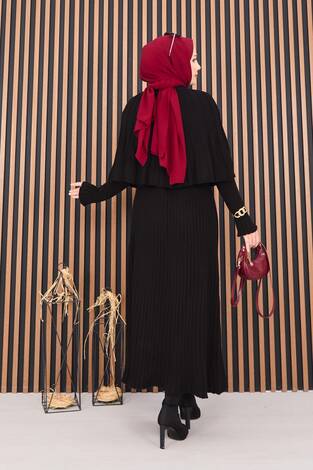 Düğmeli Pelerin & Triko Elbise Tesettür İkili Takım Siyah - Thumbnail