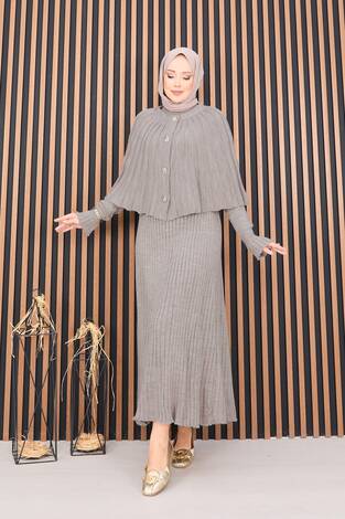 Düğmeli Pelerin & Triko Elbise Tesettür İkili Takım Vizon - Thumbnail