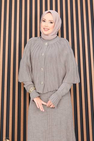 Düğmeli Pelerin & Triko Elbise Tesettür İkili Takım Vizon - Thumbnail