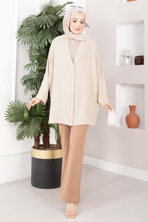 Düğmeli Salaş Aerobin Kimono Bej - 3