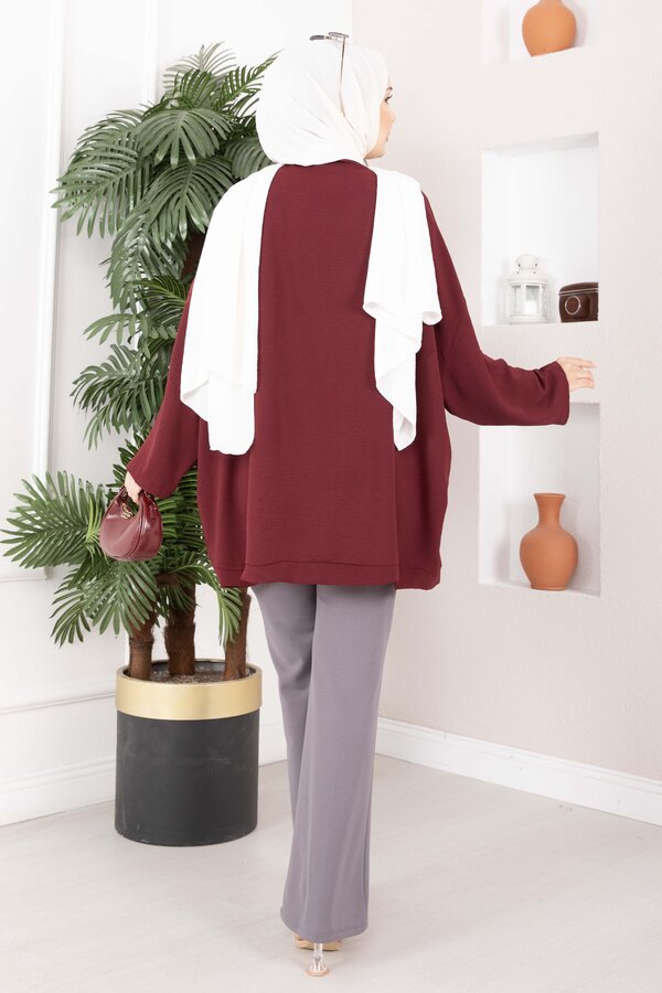 Düğmeli Salaş Aerobin Kimono Bordo - 4