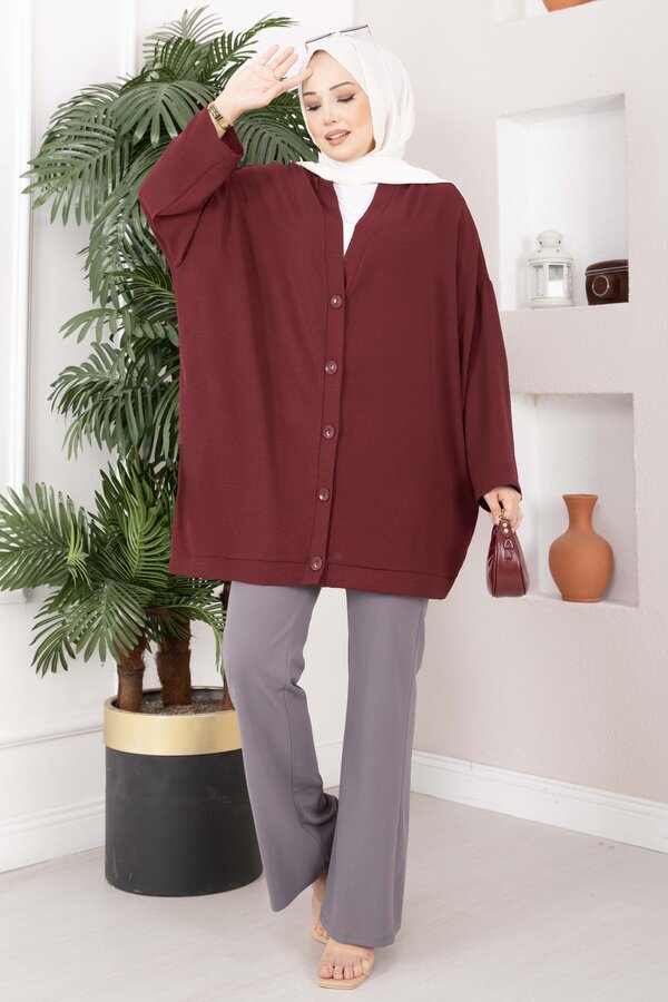 Düğmeli Salaş Aerobin Kimono Bordo - 3