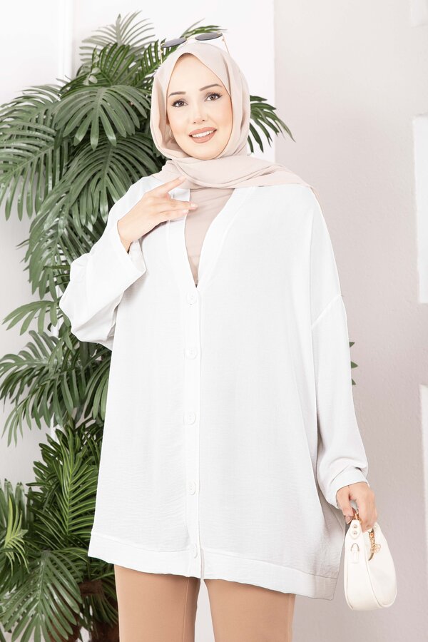MD - Düğmeli Salaş Aerobin Kimono Ekru (1)