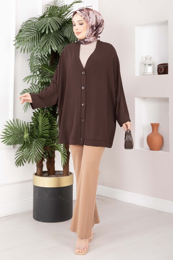 Düğmeli Salaş Aerobin Kimono Kahve - 3