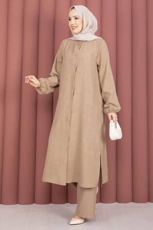 Düğmeli Tunik İkili Tesettür Takım Vizon - Thumbnail