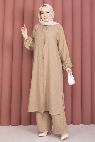 Düğmeli Tunik İkili Tesettür Takım Vizon - Thumbnail