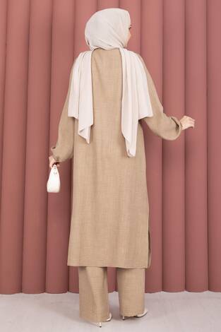 Düğmeli Tunik İkili Tesettür Takım Vizon - Thumbnail