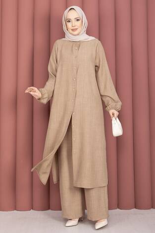 Düğmeli Tunik İkili Tesettür Takım Vizon - Thumbnail