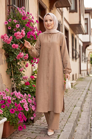 Düğmeli Tunik İkili Tesettür Takım Vizon - Thumbnail