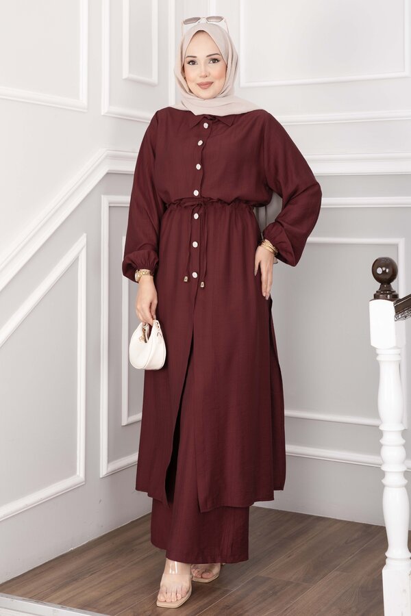 Düğmeli Uzun Tunik Pantolon Takım Bordo - 3