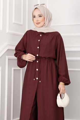 Düğmeli Uzun Tunik Pantolon Takım Bordo - Thumbnail