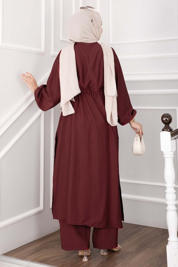 Düğmeli Uzun Tunik Pantolon Takım Bordo - 4