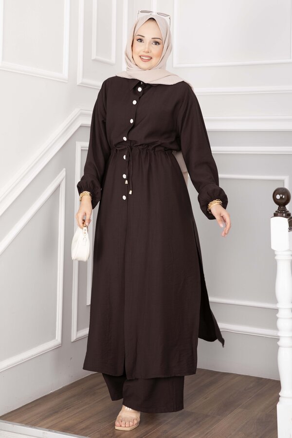 Düğmeli Uzun Tunik Pantolon Takım Kahve - 3