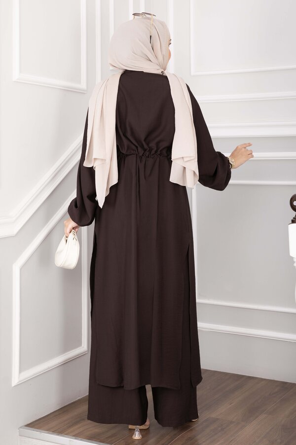 Düğmeli Uzun Tunik Pantolon Takım Kahve - 4
