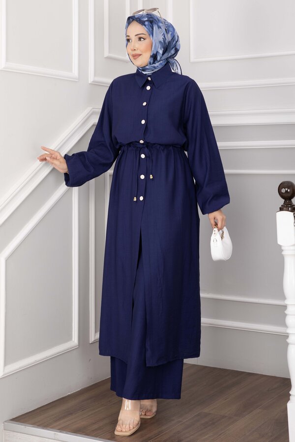 Düğmeli Uzun Tunik Pantolon Takım Lacivert - 3
