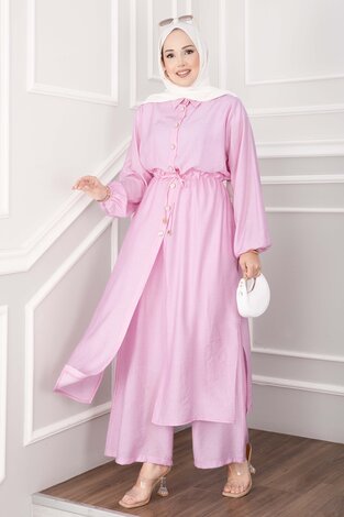 Düğmeli Uzun Tunik Pantolon Takım Pembe