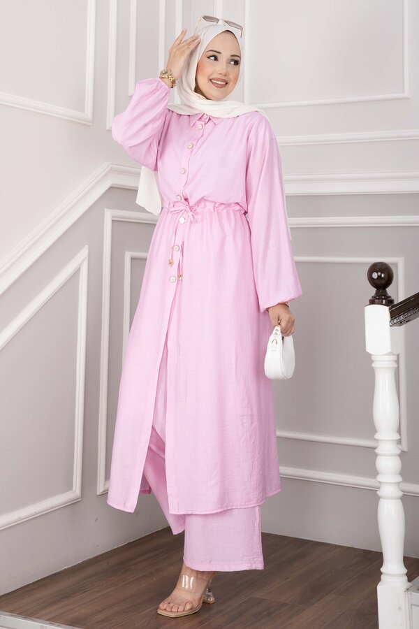 Düğmeli Uzun Tunik Pantolon Takım Pembe - 3