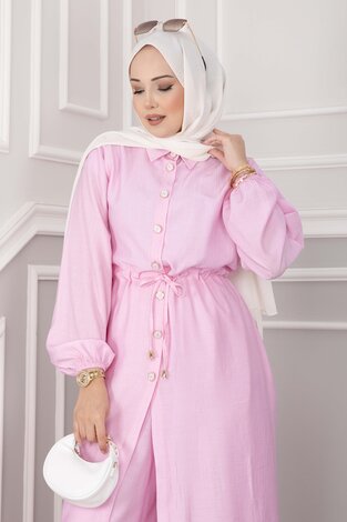 Düğmeli Uzun Tunik Pantolon Takım Pembe - Thumbnail