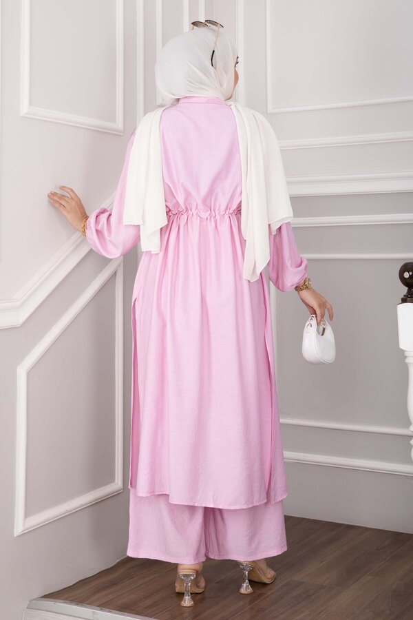 Düğmeli Uzun Tunik Pantolon Takım Pembe - 4