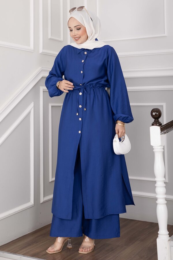 Düğmeli Uzun Tunik Pantolon Takım Saks - 3