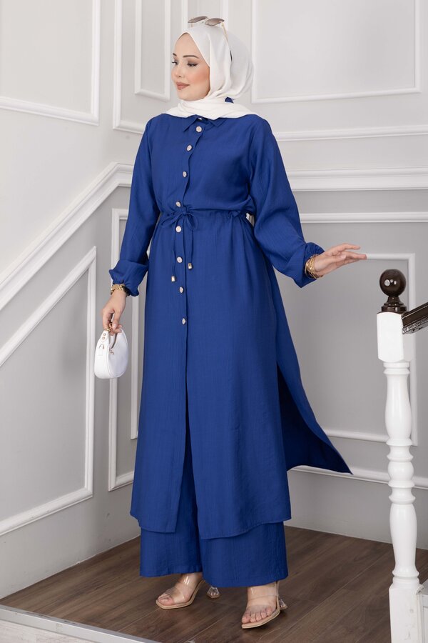 Düğmeli Uzun Tunik Pantolon Takım Saks - 4