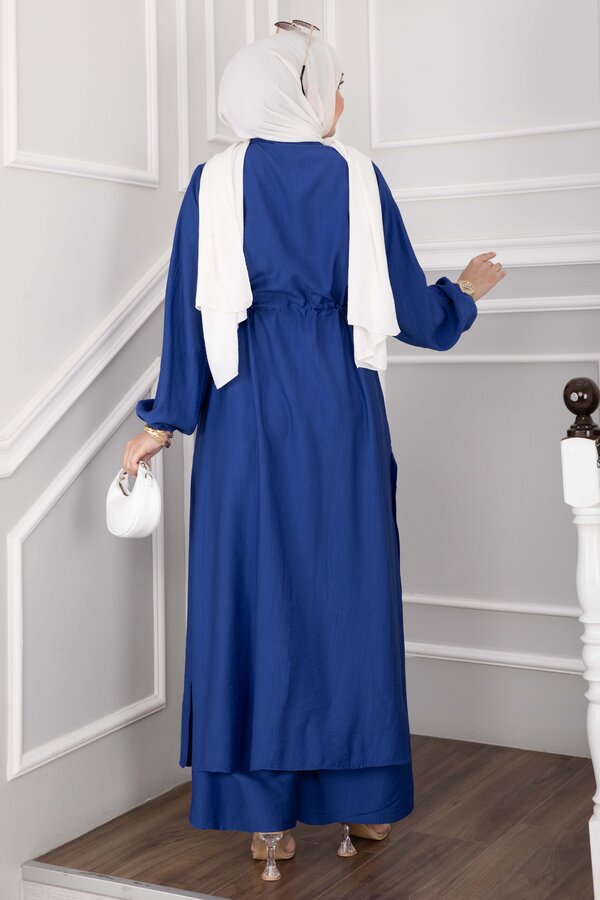 Düğmeli Uzun Tunik Pantolon Takım Saks - 5