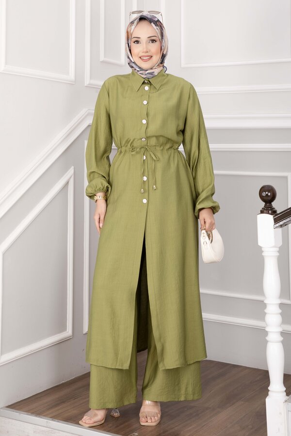 Düğmeli Uzun Tunik Pantolon Takım Yeşil Olive - 3