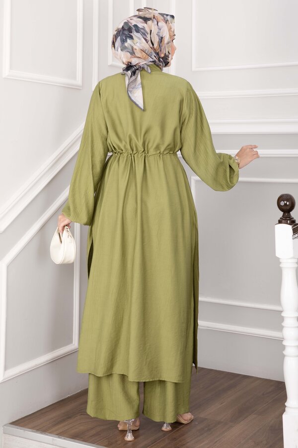 Düğmeli Uzun Tunik Pantolon Takım Yeşil Olive - 4