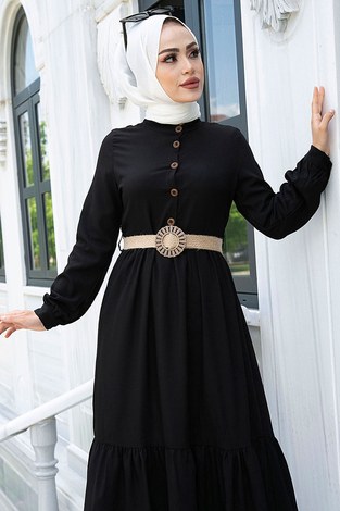 Düğmeli Volanlı Elbise 6585-1 Siyah - Thumbnail