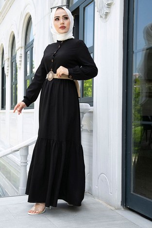 Düğmeli Volanlı Elbise 6585-1 Siyah - Thumbnail