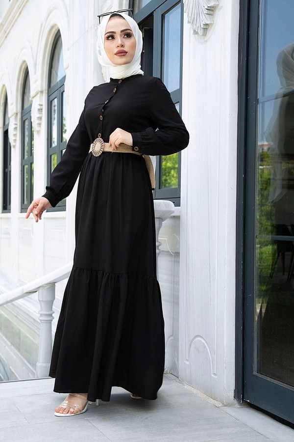  - Düğmeli Volanlı Elbise 6585-1 Siyah (1)
