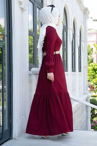 Düğmeli Volanlı Elbise 6585-2 Bordo - Thumbnail