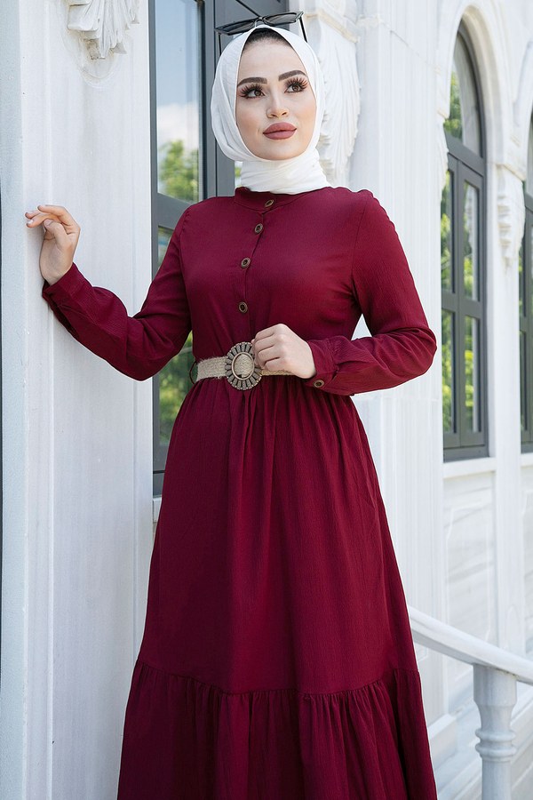  - Düğmeli Volanlı Elbise 6585-2 Bordo (1)