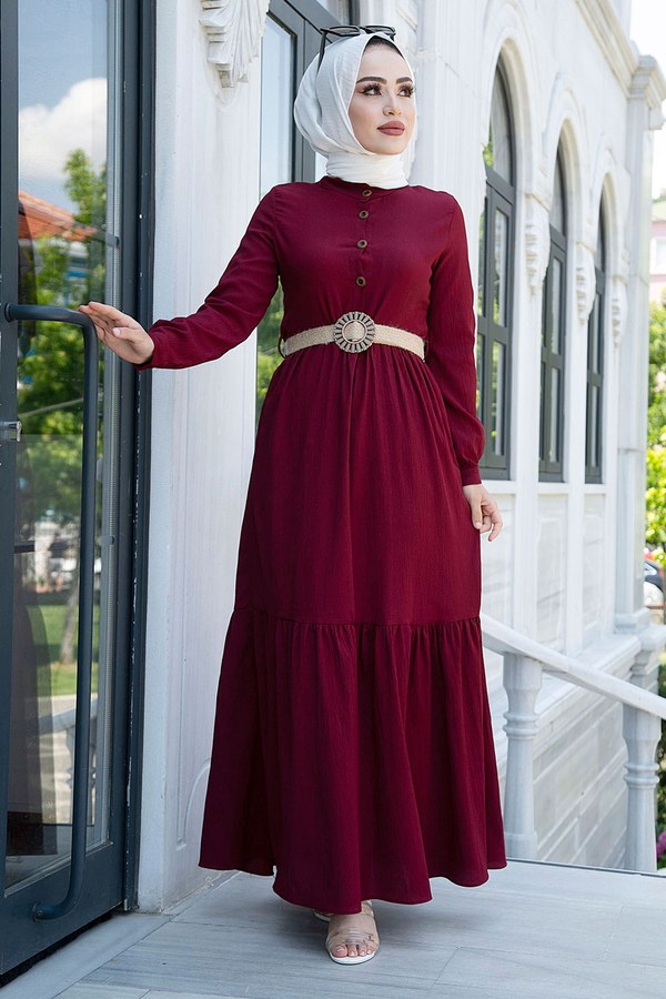  - Düğmeli Volanlı Elbise 6585-2 Bordo