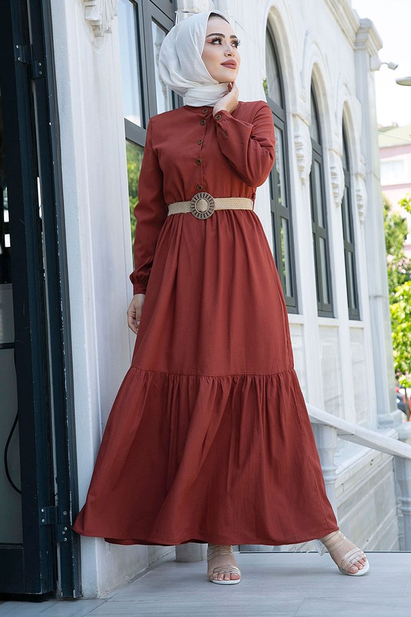  - Düğmeli Volanlı Elbise 6585-3 Taba