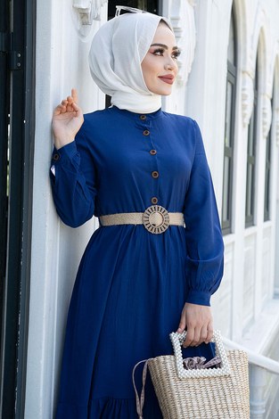 Düğmeli Volanlı Elbise 6585-4 Saks Mavi - Thumbnail