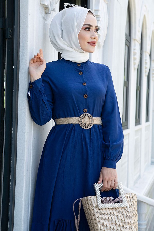  - Düğmeli Volanlı Elbise 6585-4 Saks Mavi (1)