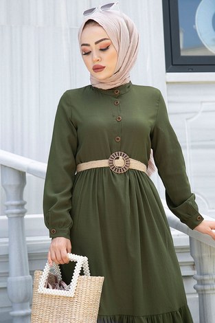 Düğmeli Volanlı Elbise 6585-5 Haki - Thumbnail