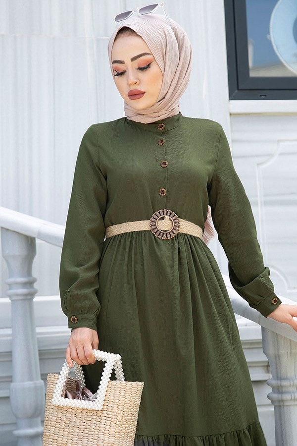  - Düğmeli Volanlı Elbise 6585-5 Haki (1)