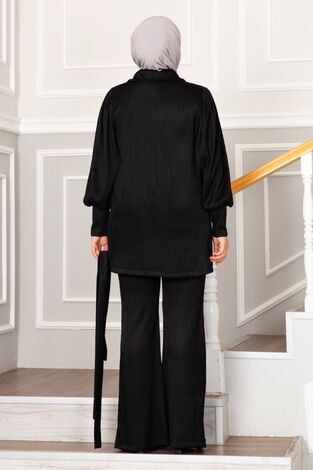 Ebru Fitilli Tesettür Takım Siyah - Thumbnail