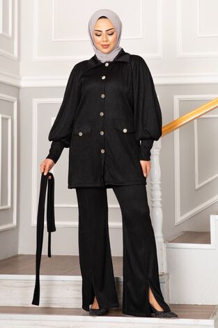 Ebru Fitilli Tesettür Takım Siyah - Thumbnail