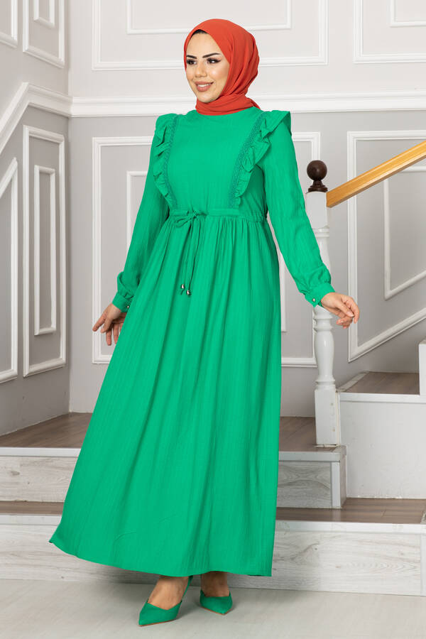 Efnan Tünel Kemerli Tesettür Elbise Yeşil