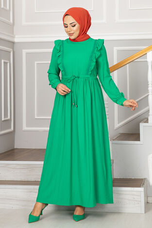 Efnan Tünel Kemerli Tesettür Elbise Yeşil - Thumbnail