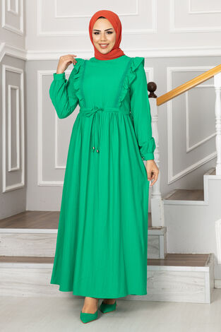 Efnan Tünel Kemerli Tesettür Elbise Yeşil - Thumbnail