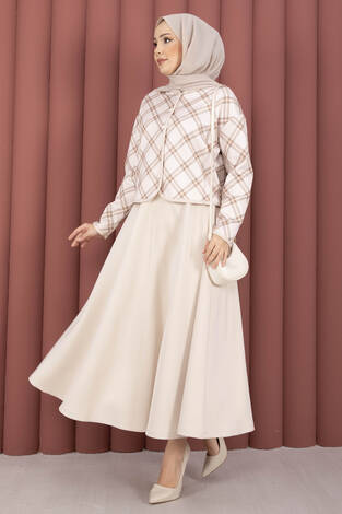 Ekose Croplu Ceket Etek Takım Bej - Thumbnail