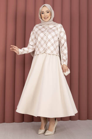 Ekose Croplu Ceket Etek Takım Bej - Thumbnail