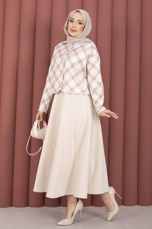 Ekose Croplu Ceket Etek Takım Bej - Thumbnail